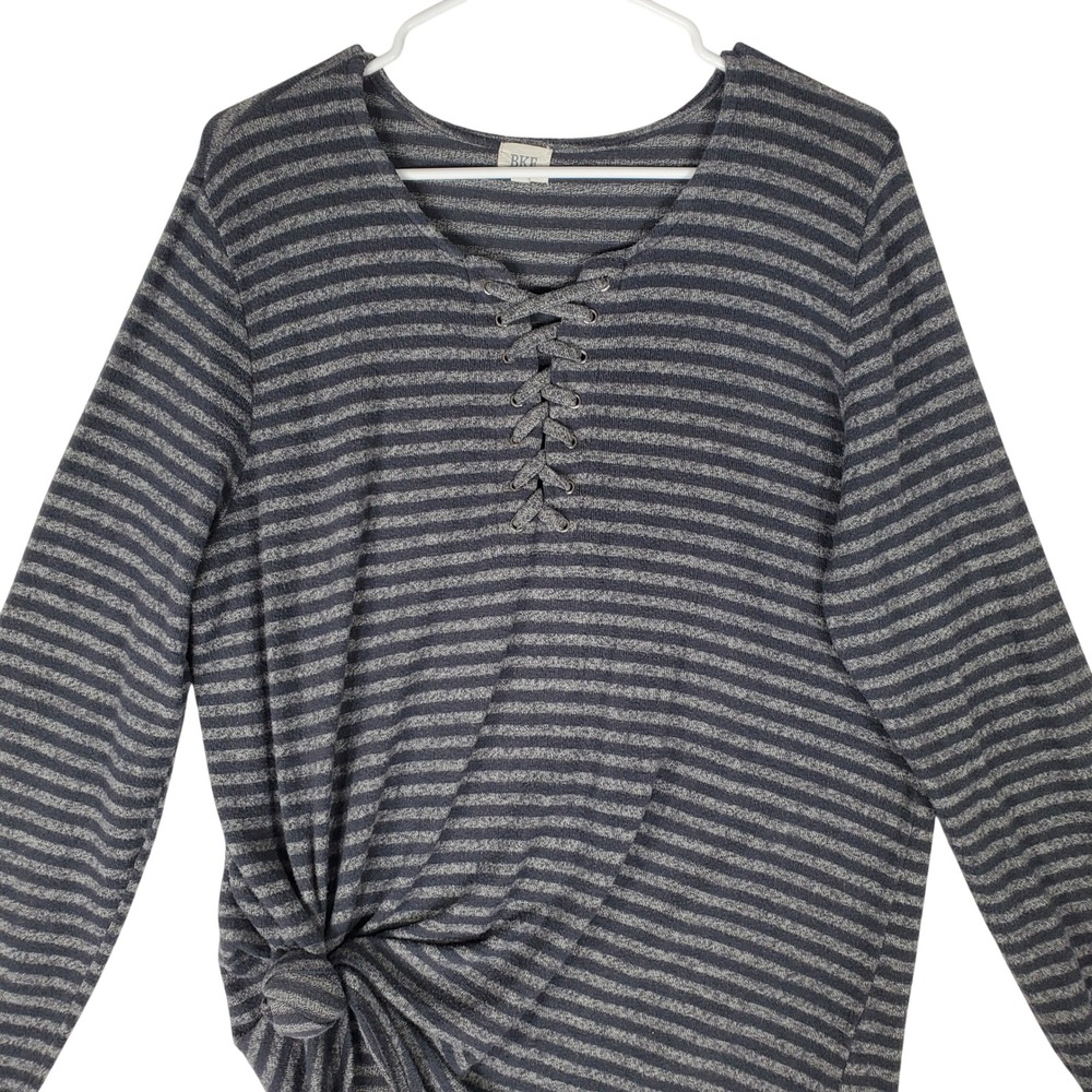 BKE Womens XL Gray Striped Long Sleeve Lace Up V-Neck Side Knot Top
